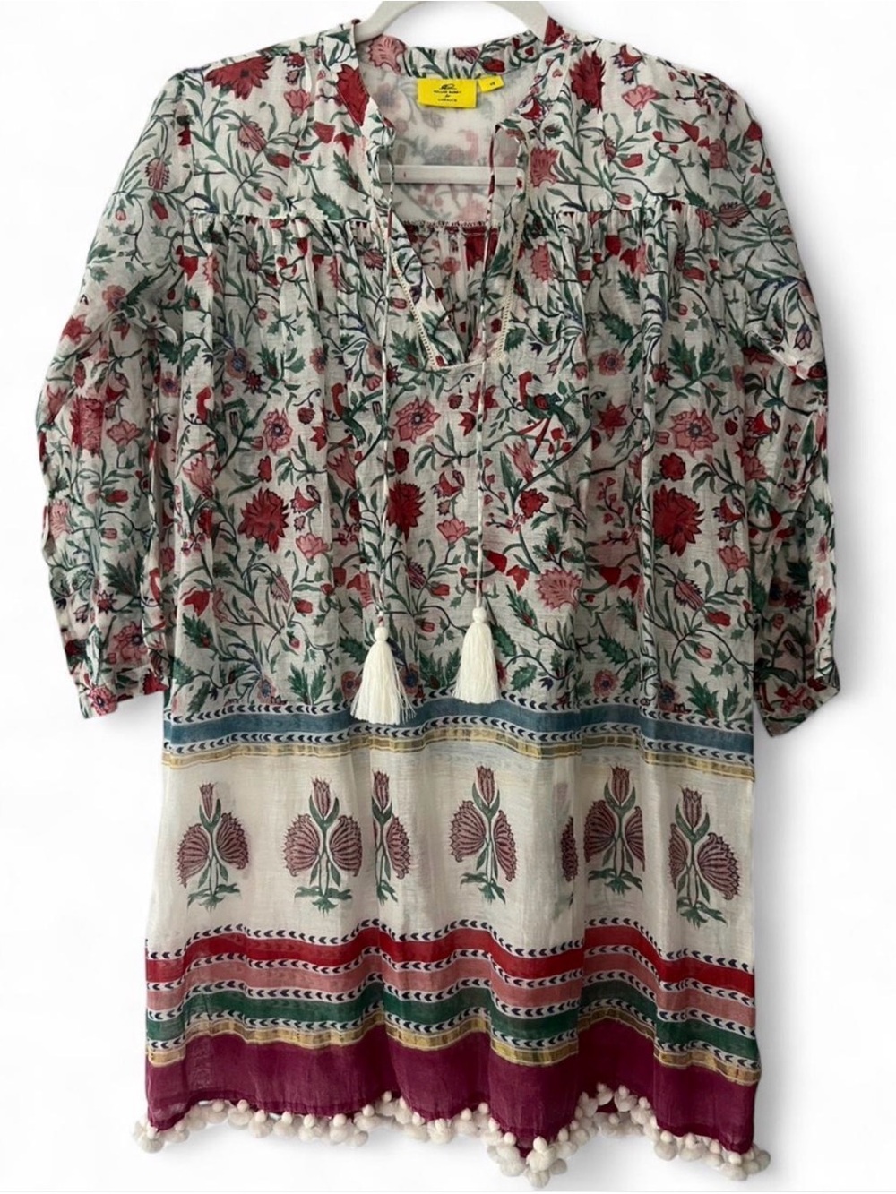 Roller Rabbit x Gorsuch Floral Block Print Tunic Dress Swim Cover Up Pom Pom XS